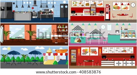 Vector banner with restaurant interiors. Kitchen, dining room, street cafe and fast food restaurant. Illustration in flat design.