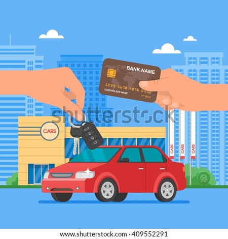 Car sale vector illustration. Customer buying car from dealer concept. Salesman giving key to new owner. Hand holding credit card. Car rental service concept.