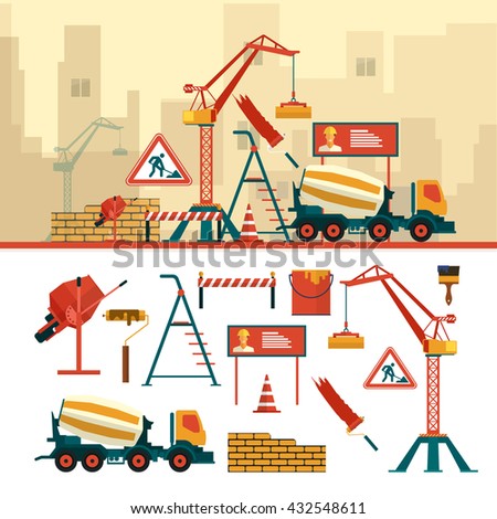 Vector set of construction site objects and tools isolated on white background. Construction building equipment icons in flat style. Crane, bricks, sign, concrete mixer.