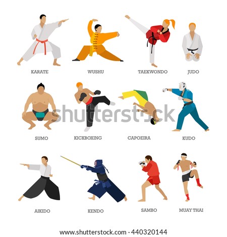 Vector set of martial arts people silhouette isolated on white background. Sport positions. Design elements and icons. Martial arts fighters.