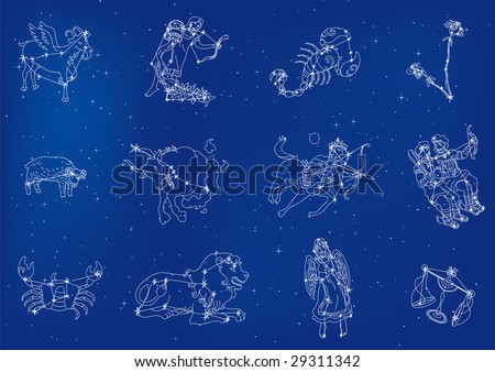stock vector Zodiac signs located in the star sky