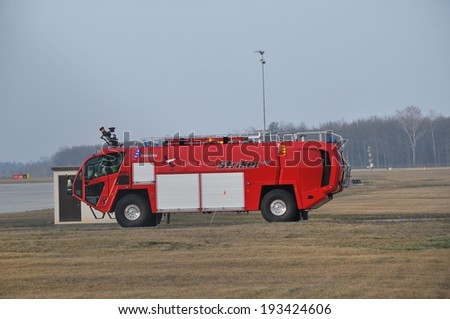 Lublin Airport\'s fire-truck view. February 28, 2014. Lublin Airport in Swidnik, Poland.