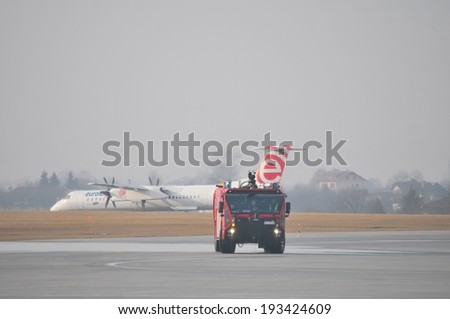 Lublin Airport\'s fire-truck view. February 28, 2014. Lublin Airport in Swidnik, Poland.