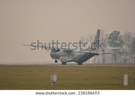 This is a view of Polish Air Force plane CASA C-295 on the Lublin Airport. December 18, 2014. Lublin Airport in Swidnik, Poland