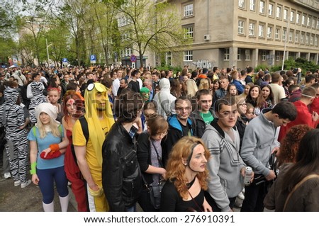 This is a view of students\' pageant on the first day of students\' holiday in Lublin. May 6, 2015. Lublin, Poland.