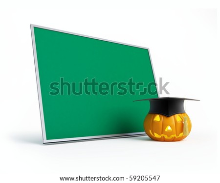 halloween pumpkin graduation cap and blackboard on a white background