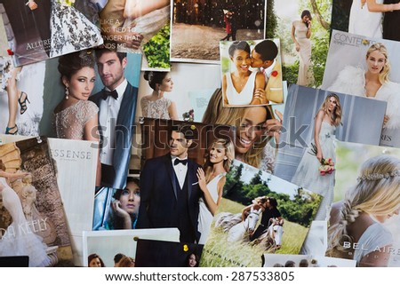 ATLANTA, GA - JUNE 15, 2015: Inspirational mood board with wedding day bridal theme, made with pages from the Brides magazine, leading magazine on weddings.