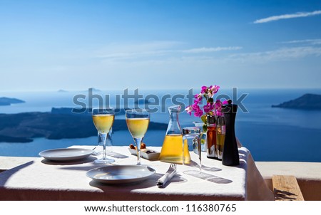 Table above sea for two. Greece, Santorini island