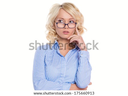 Young business lady in the blue shirt, isolated on white background