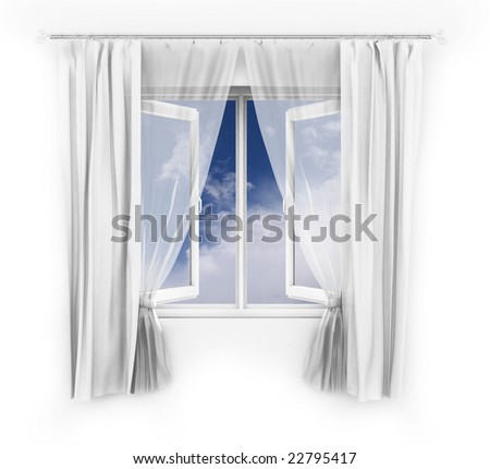 Illustration of an open window with a blue sky behind. Abstract illustration which could be used to represent opportunities or a bright future.