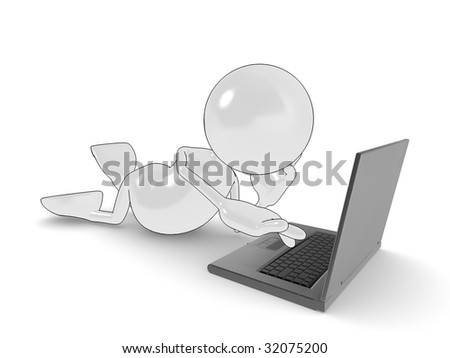 3d cartoon character using laptop 