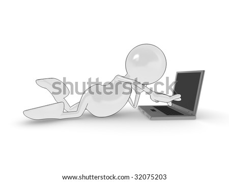 stock photo : 3d cartoon character using laptop computer.