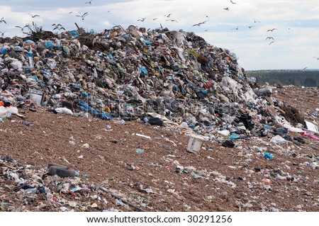 Garbage at a rubbish dump in a landfill site with a green,residential backdrop