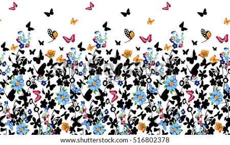 Seamless pattern of forget-me-not. Flowers and butterflies background. Decoration with blooming blue flowers. White background. Watercolor hand drawn illustration.