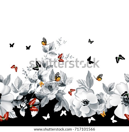 Seamless pattern of forget-me-not. Flowers and butterflies background. Decoration with blooming blue flowers. White background. Watercolor hand drawn illustration.