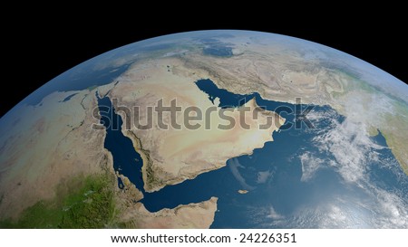 earth globe / view to arabia and iran with persian gulf, red sea and part of indian ocean (detailed 3d rendering with relief mountains, clouds and sea floor structure)