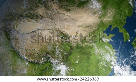 earth globe / satellite view to china and the koreas (detailed 3d rendering with relief mountains, clouds and sea floor structure derived from public domain nasa imagery)