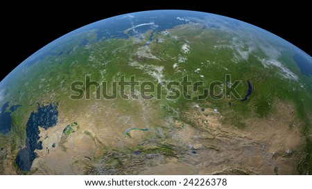earth globe / satellite view to russia, the central asian countries, parts of mongolia and china (detailed 3d rendering with relief mountains, clouds and sea floor structure)