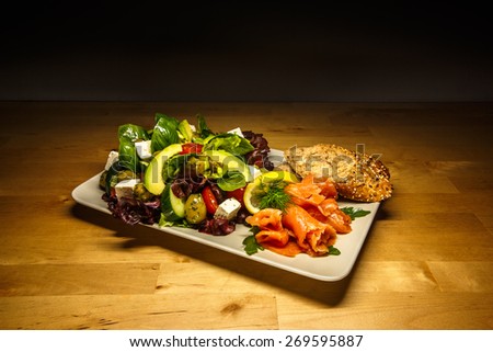 Avocado, Olive and Feta Salad with Salmon