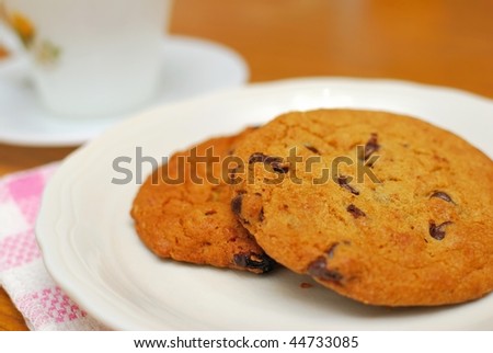 Chocolate chip cookies on a plate for a snack. Represents concepts such as food and beverages, healthy lifestyle, healthy eating, dieting and weight loss.