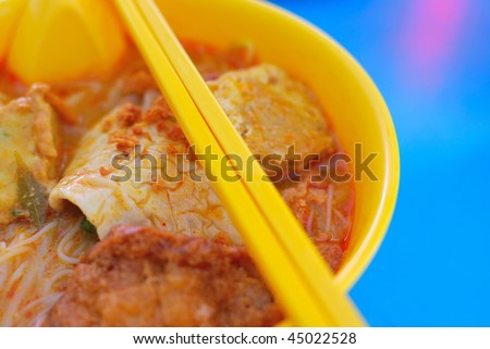 Chinese style vegetarian curry noodles. A form of Peranakan cuisine also known as Laksa. Suitable for food and beverage, healthy lifestyle, and diet and nutrition.