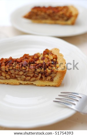 A single slice of hazel nut tart on white plate for dessert. For concepts such as food and beverage, diet and nutrition, and healthy eating.
