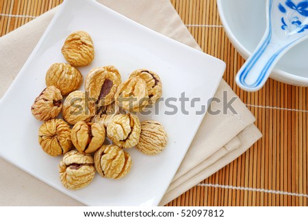 Dried chestnuts used as food ingredients in Chinese desserts and cuisine. For food and beverage, and nutritional concepts.