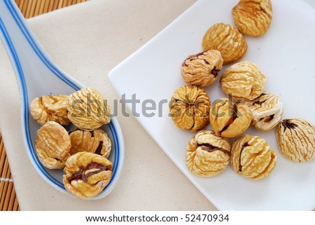 Dried chestnuts used as food ingredients in Chinese desserts and cuisine. For food and beverage, and nutritional concepts.