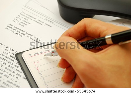 Writing with black pen on 2011 planner with business documents in background, signifying concepts such as office and business, planning for the new year, financial budget and work related objects