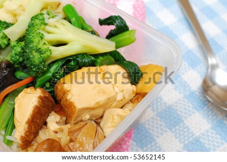 Healthy vegetables and bean curd for Chinese vegetarian packed lunch or dinner. Suitable for food and busy lifestyle, healthy eating and diet and nutrition concepts.