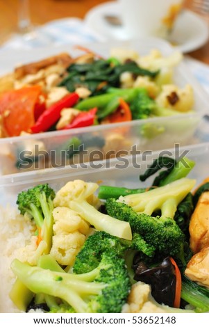 Packed Chinese set lunch or dinner with variety of colorful vegetables. Suitable for food and busy lifestyle, healthy eating and diet and nutrition concepts.