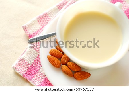 Almond drink as breakfast beverage. For food and beverage, and diet and nutrition concepts.