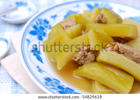 Chinese bitter gourd cuisine cooked with mutton. For healthy lifestyle, and food and beverage concepts.