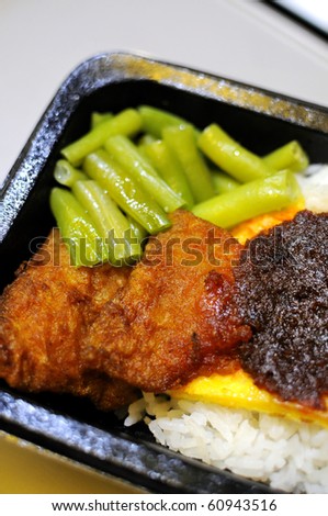 Malay rice set meal with fried fish cutlets. Concepts such as food and beverage, and travel and cuisine, and health and nutrition.