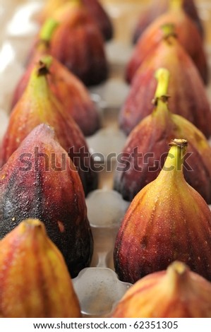 Neatly arranged rows of freshly picked ripe figs. For food and beverage, healthy lifestyle, and fruits and vegetables concepts.
