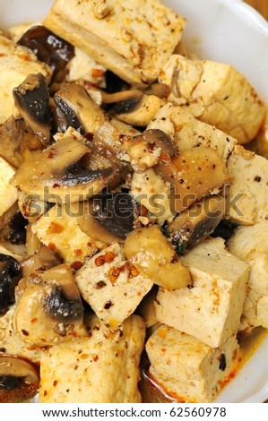 Oriental style spicy bean curd dish. Suitable for food and beverage, healthy lifestyle, and diet and nutrition.