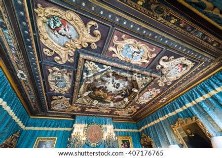 California, USA, 09 Jun 2013: Paintings and carvings of ceiling in popular Hearst Castle, which is a National and California Historical Landmark opened for public tours.