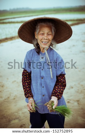 Chinese peasant working on the rice field