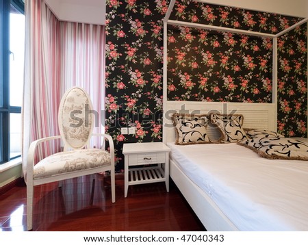 Bedroom Interior With Beautiful Wallpaper Stock Photo 4