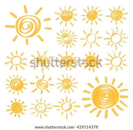 Set of vector sun symbols hand drawn by yellow highlighter. Optimized for one click color changes. Vector in EPS10 format with transparent colors.