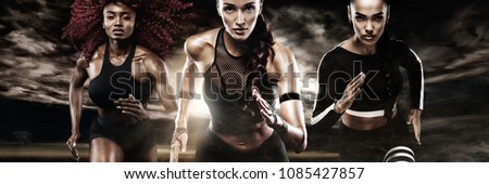 A strong athletic, women sprinter, running on dark background wearing in the sportswear, fitness and sport motivation. Runner concept.