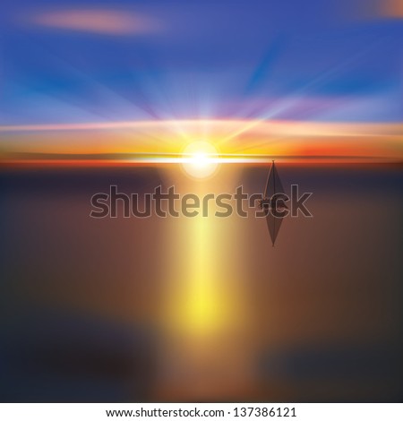 abstract ocean background with bright sunrise and yacht