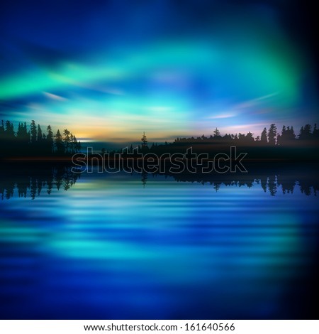 abstract nature background with lake forest and aurora borealis