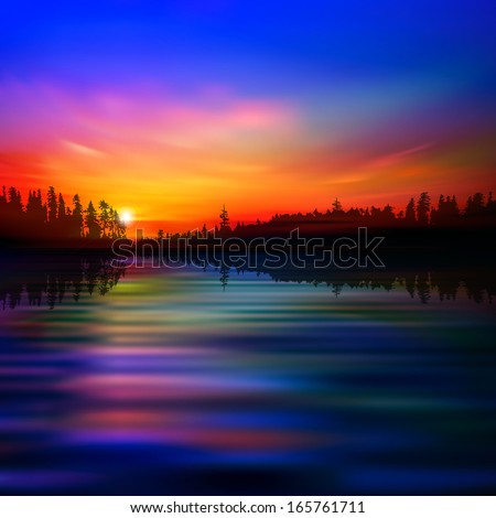 abstract nature background with forest lake and red sunset