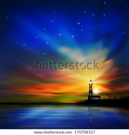 Abstract Dark Sea Background With Lighthouse And Sunset
