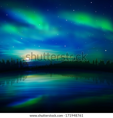 abstract nature background with green aurora and forest