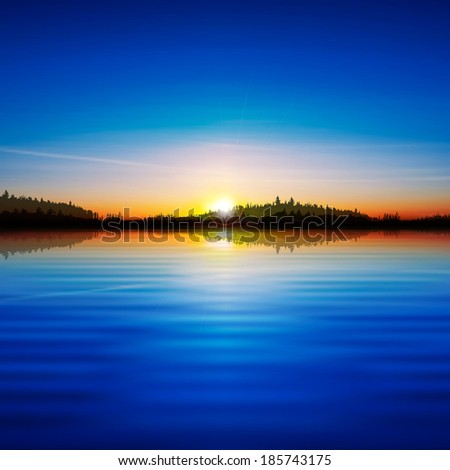 abstract nature sunrise background with forest lake