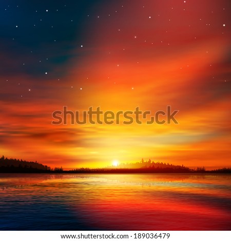 abstract nature background with forest lake and red sunset