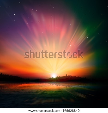 abstract nature dark background with forest lake and sunrise