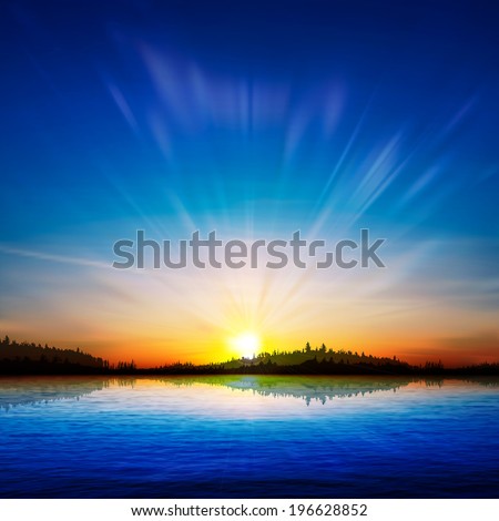 abstract nature sunrise background with forest and lake